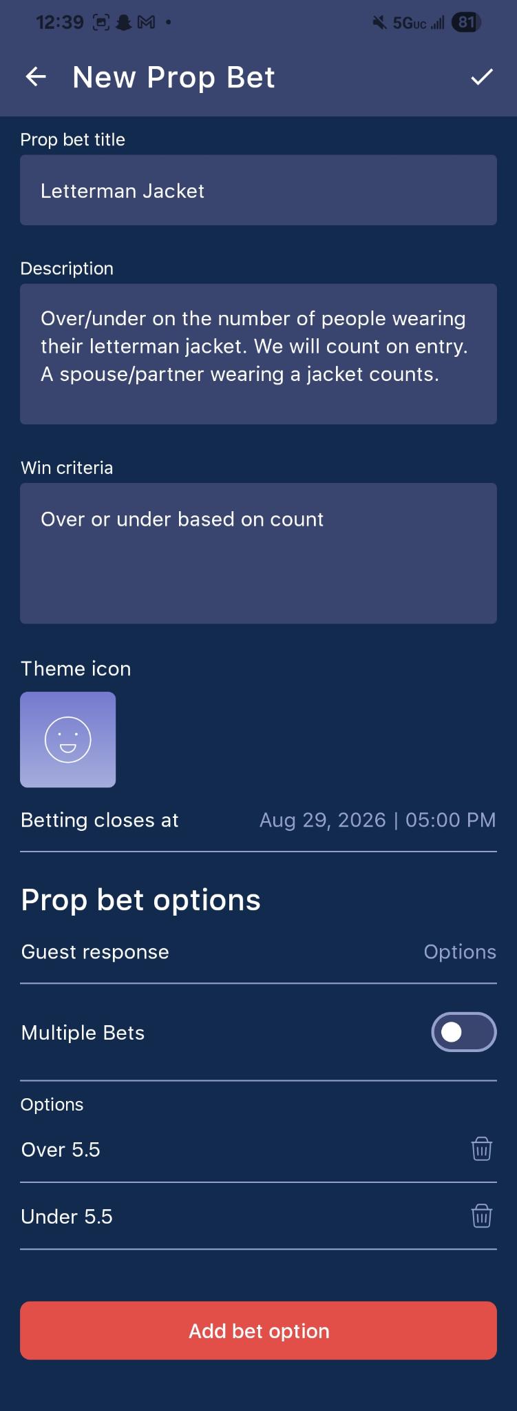 Create prop bet screen with multiple answer options