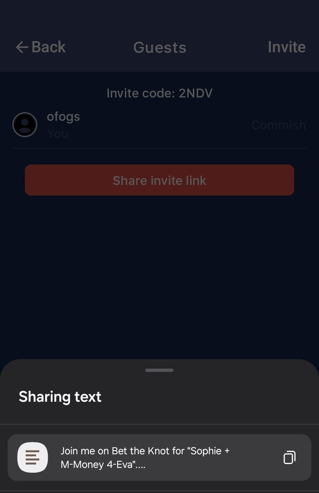 Invite screen with a shareable event link